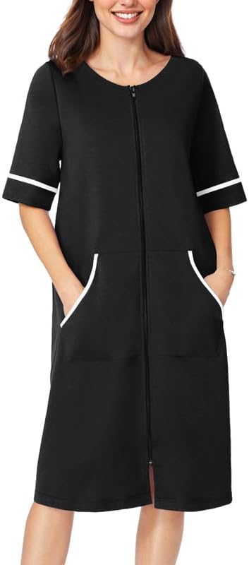 Ekouaer Zip Up Robes for Women Short Zipper Front House Coats with Pockets | Short Sleeve, Soft Duster Housecoat, Ladies Robes Stretchy, Zip Front Nightgown, Lounger Robe WEBE CLOTHING