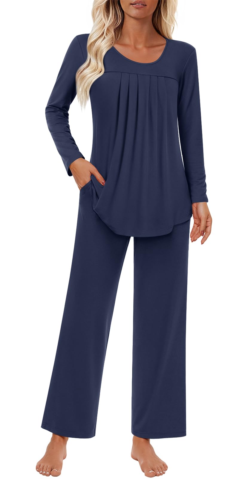 Findsweet Women's Pajama Set 2 Piece Lounge Outfits Soft Sleepwear Fall Long Sleeve Long Pant With Pockets Ladies Pjs S-3XL