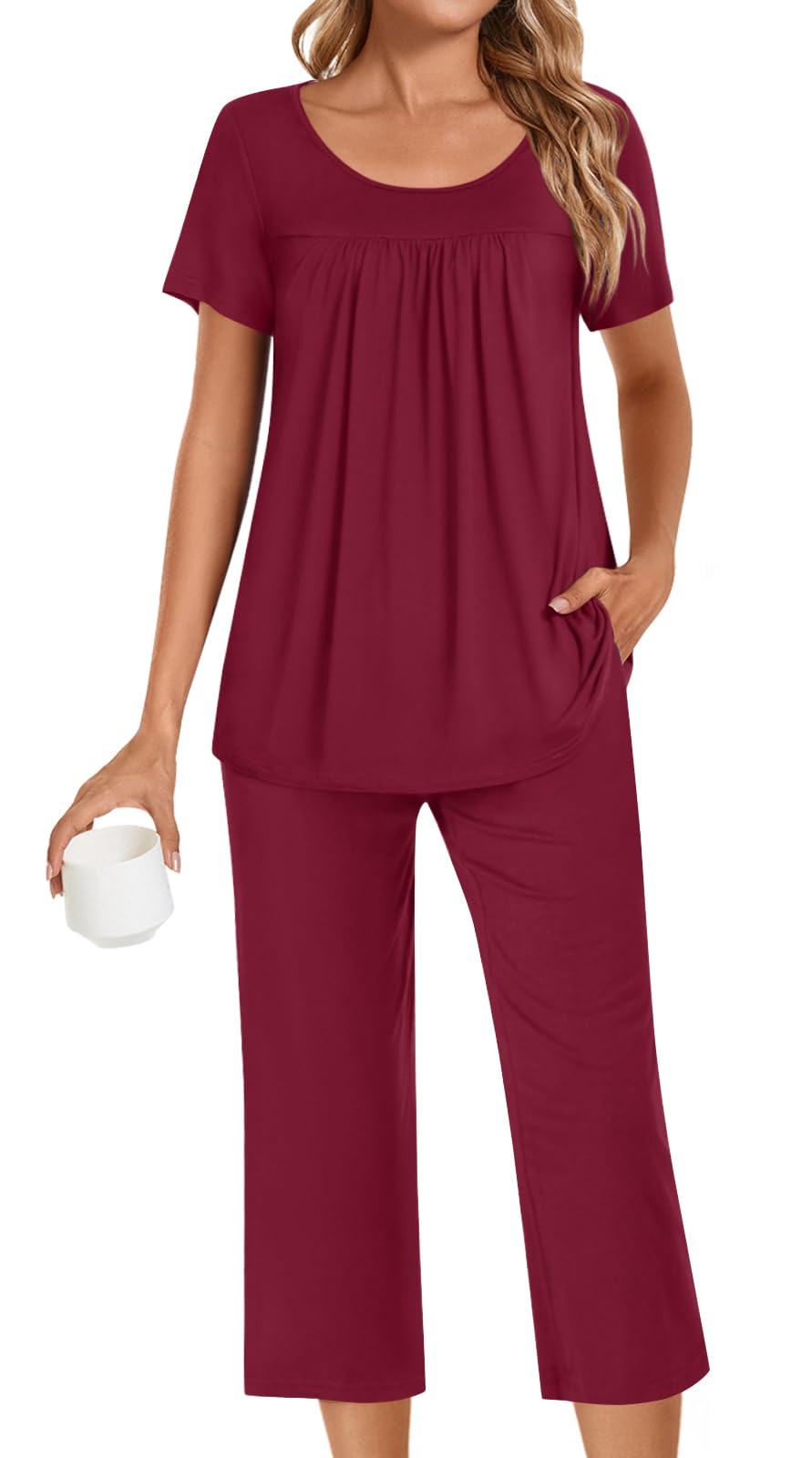 POPYOUNG Womens Pajama Sets Summer Ladies Pjs 2 Piece Loungewear Capri with Pockets Sleepwear