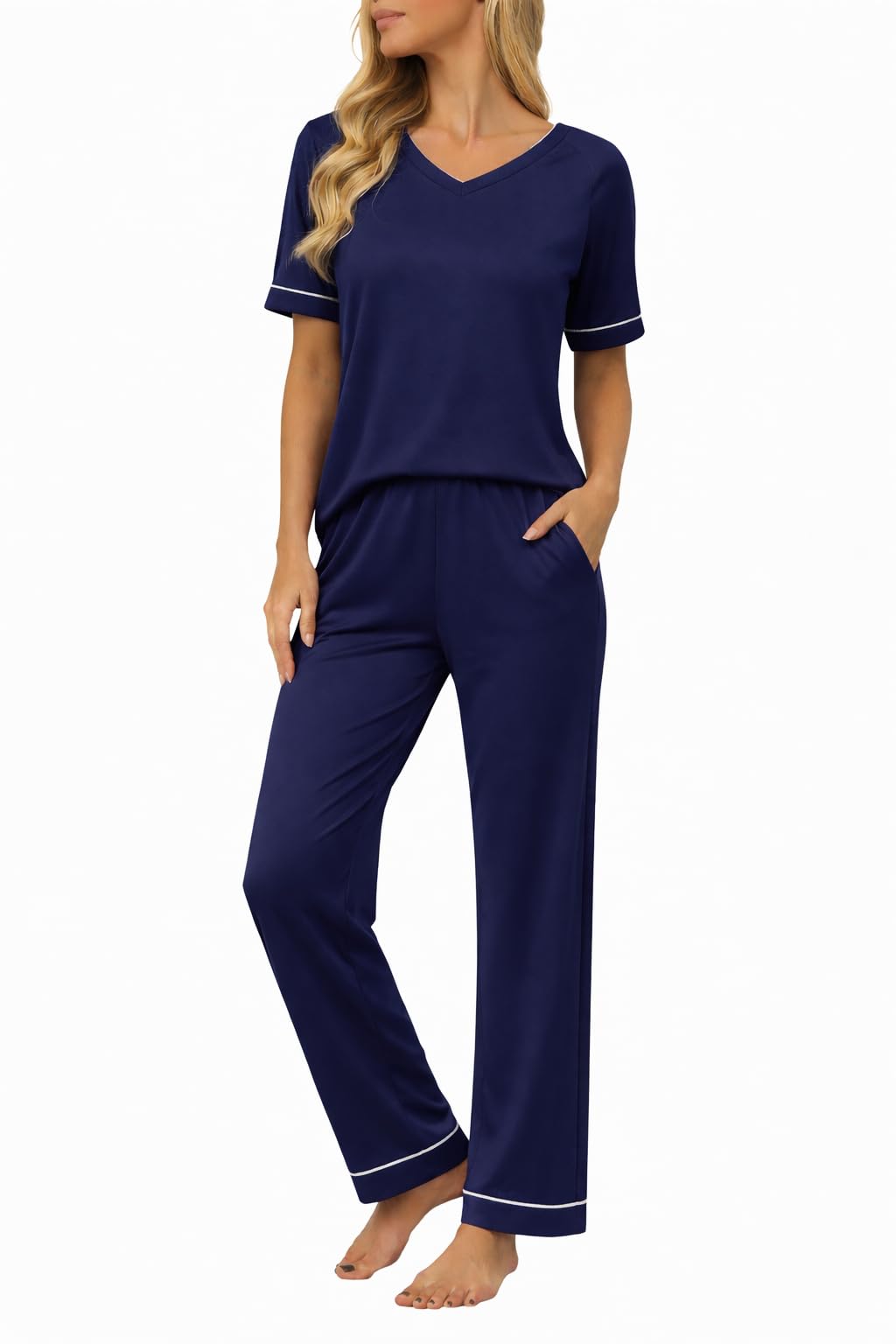 Ekouaer Womens Pajama Set Short Sleeve Pajamas Top and Pants V Neck Pjs Set Soft Loungewear with Pockets
