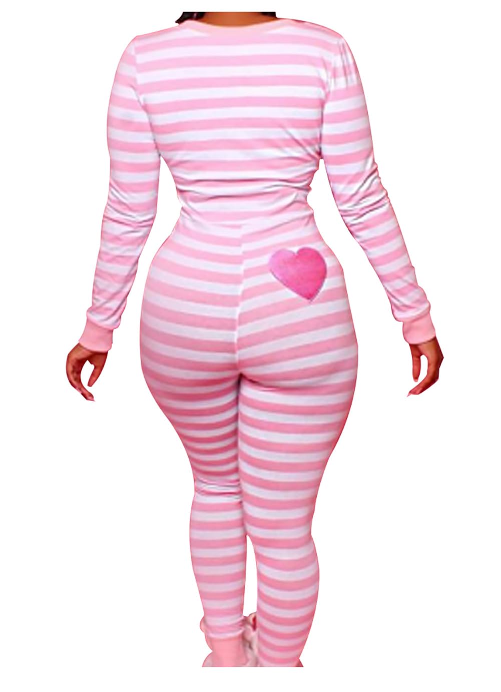 Women Christmas Long Sleeve Stripe Heart One Piece Pajamas Bodycon Jumpsuit Button Neck Sleepwear WEBE CLOTHING
