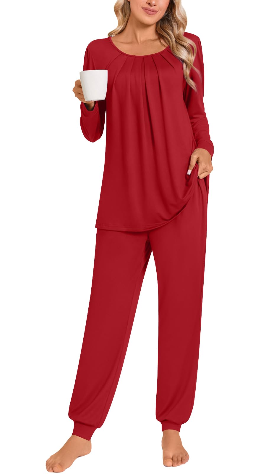 Anymeet Womens Pajama Sets Fall Winter Long Sleeve 2 Piece Sleepwear Soft Lounge Outfits with Pockets