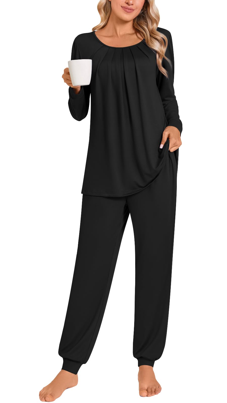 Anymeet Womens Pajama Sets Fall Winter Long Sleeve 2 Piece Sleepwear Soft Lounge Outfits with Pockets