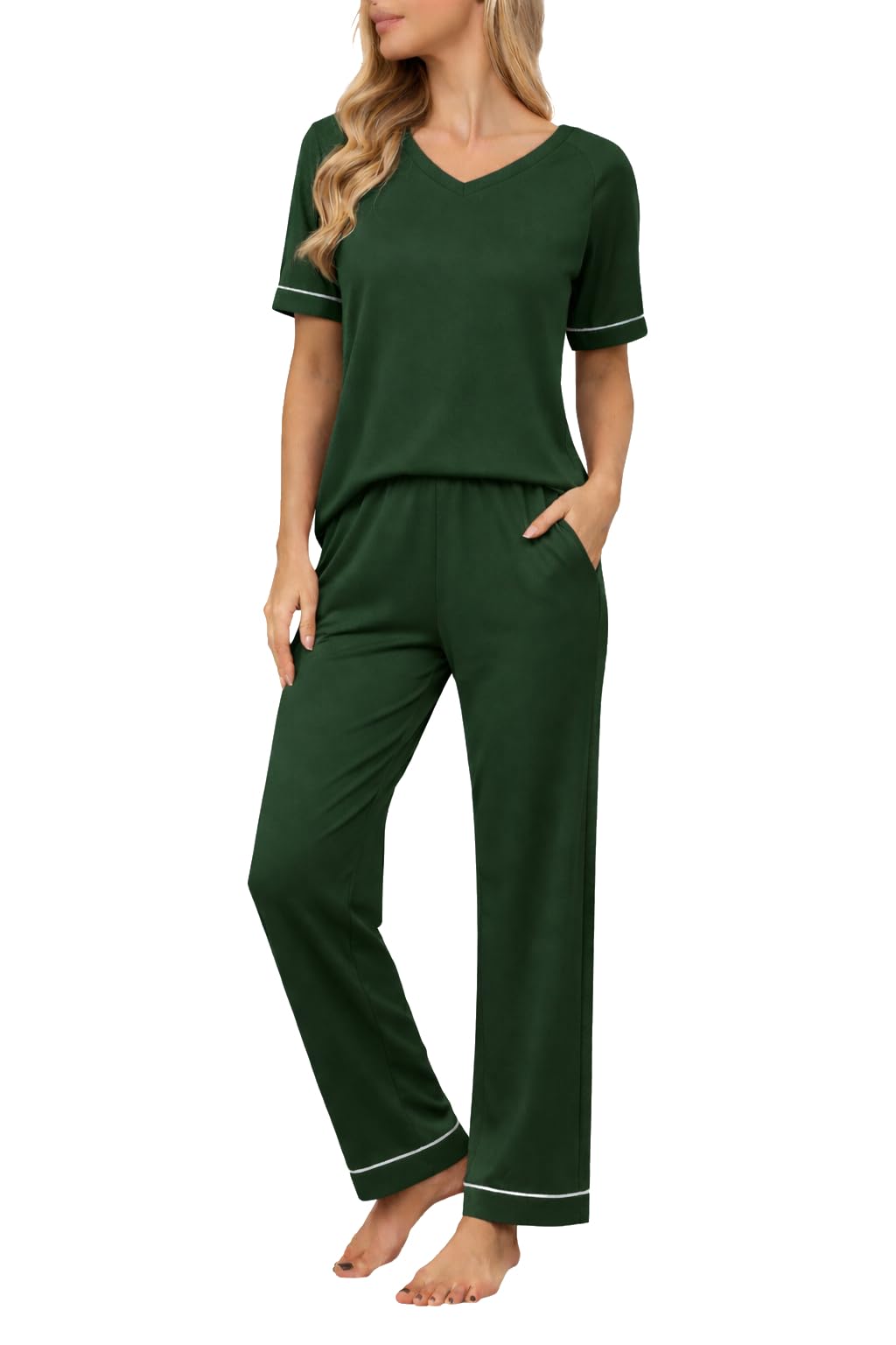 Ekouaer Womens Pajama Set Short Sleeve Pajamas Top and Pants V Neck Pjs Set Soft Loungewear with Pockets