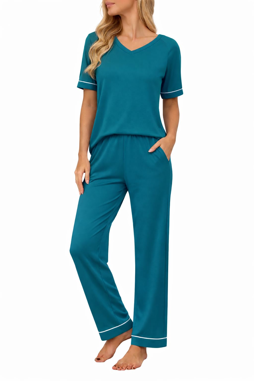 Ekouaer Womens Pajama Set Short Sleeve Pajamas Top and Pants V Neck Pjs Set Soft Loungewear with Pockets