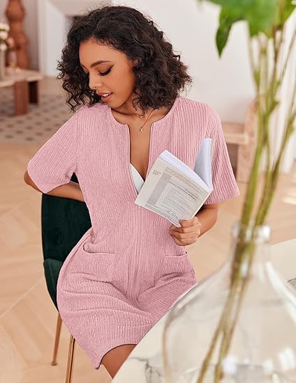 Ekouaer Women Zipper Robes Knit Short Bathrobe Lightweight House Coat with Pockets Soft Nightgown WEBE CLOTHING