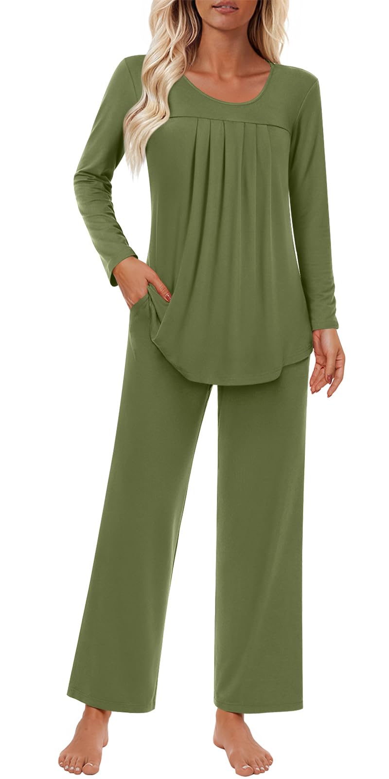 Findsweet Women's Pajama Set 2 Piece Lounge Outfits Soft Sleepwear Fall Long Sleeve Long Pant With Pockets Ladies Pjs S-3XL