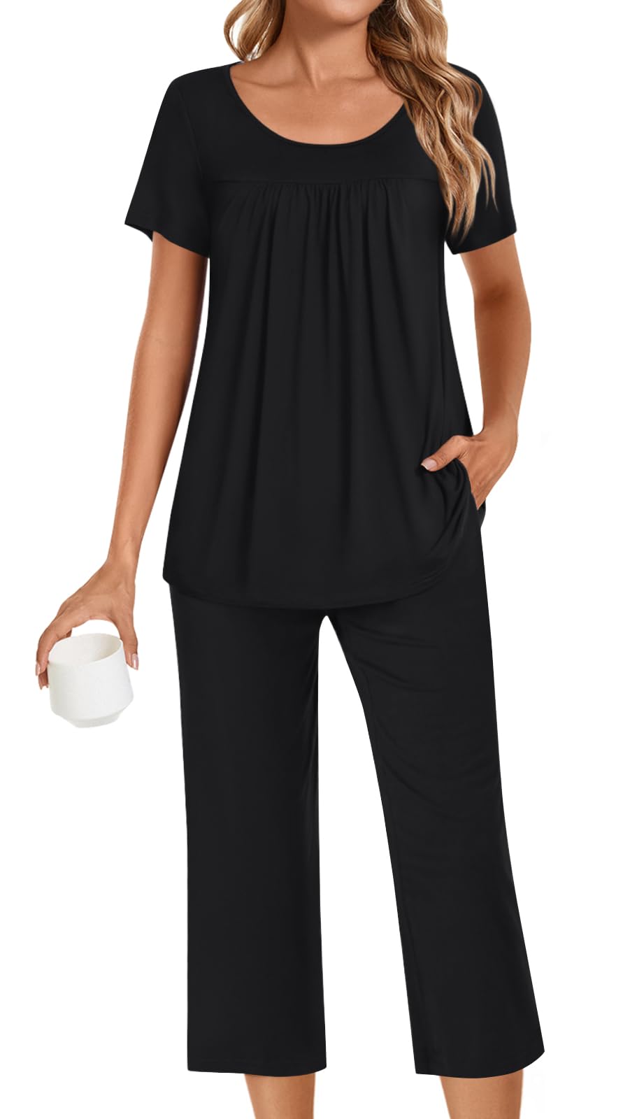POPYOUNG Womens Pajama Sets Summer Ladies Pjs 2 Piece Loungewear Capri with Pockets Sleepwear