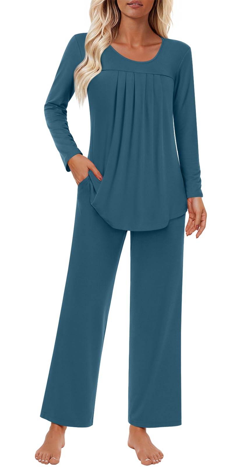 Findsweet Women's Pajama Set 2 Piece Lounge Outfits Soft Sleepwear Fall Long Sleeve Long Pant With Pockets Ladies Pjs S-3XL