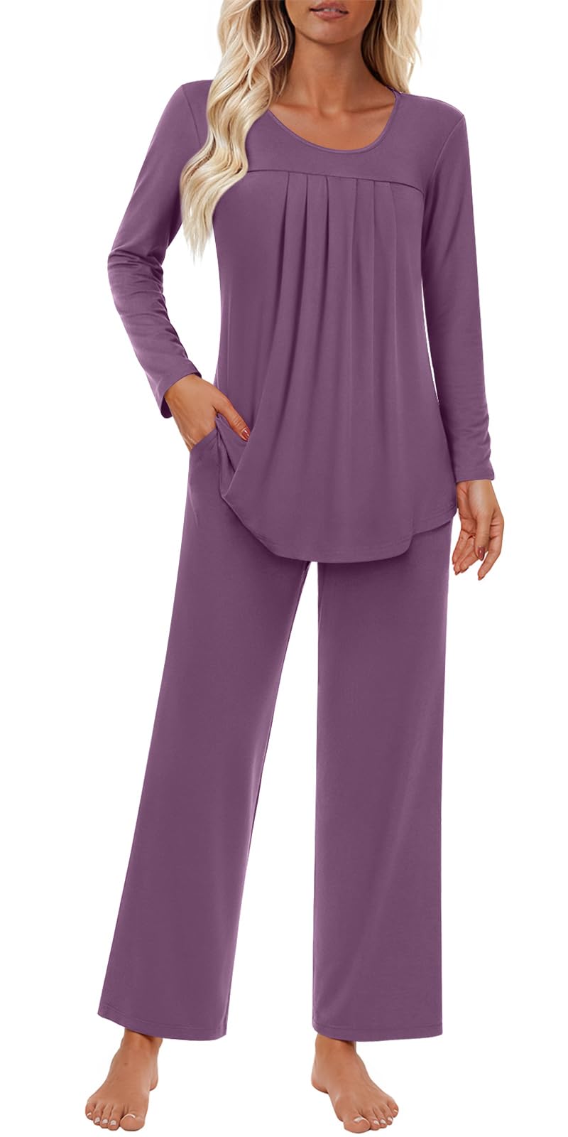 Findsweet Women's Pajama Set 2 Piece Lounge Outfits Soft Sleepwear Fall Long Sleeve Long Pant With Pockets Ladies Pjs S-3XL
