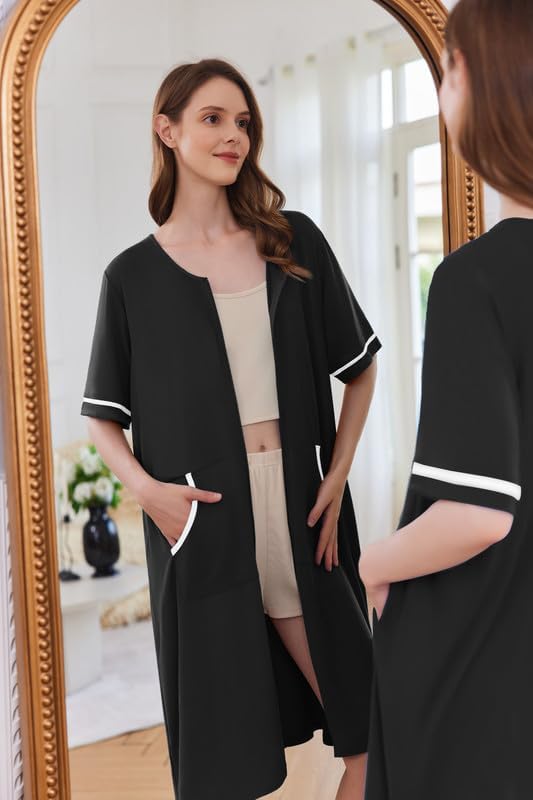 Ekouaer Zip Up Robes for Women Short Zipper Front House Coats with Pockets | Short Sleeve, Soft Duster Housecoat, Ladies Robes Stretchy, Zip Front Nightgown, Lounger Robe WEBE CLOTHING