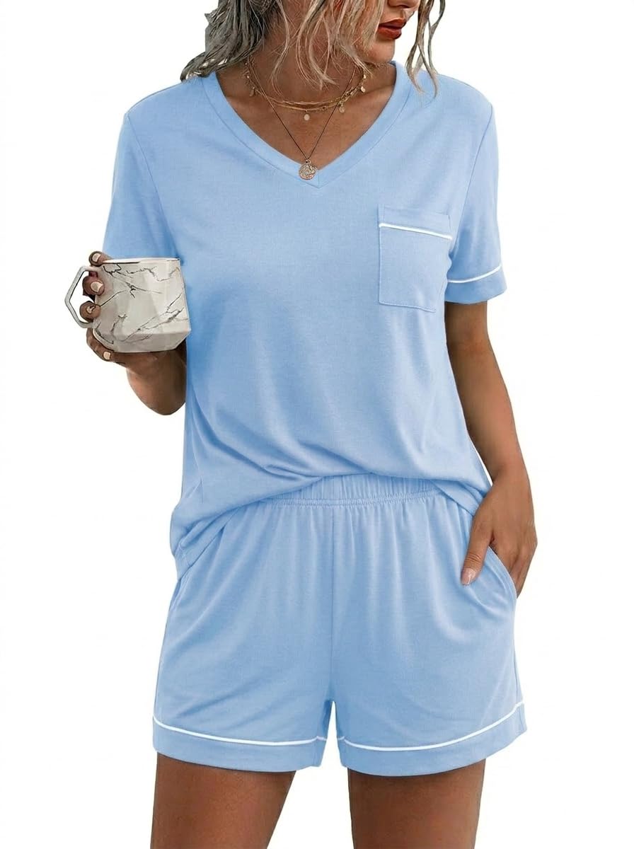 Ekouaer Pajamas for Women Set 2 Piece Short Sleeve Sleepwear Summer Tops and Shorts Pjs Lounge Set S-XXL