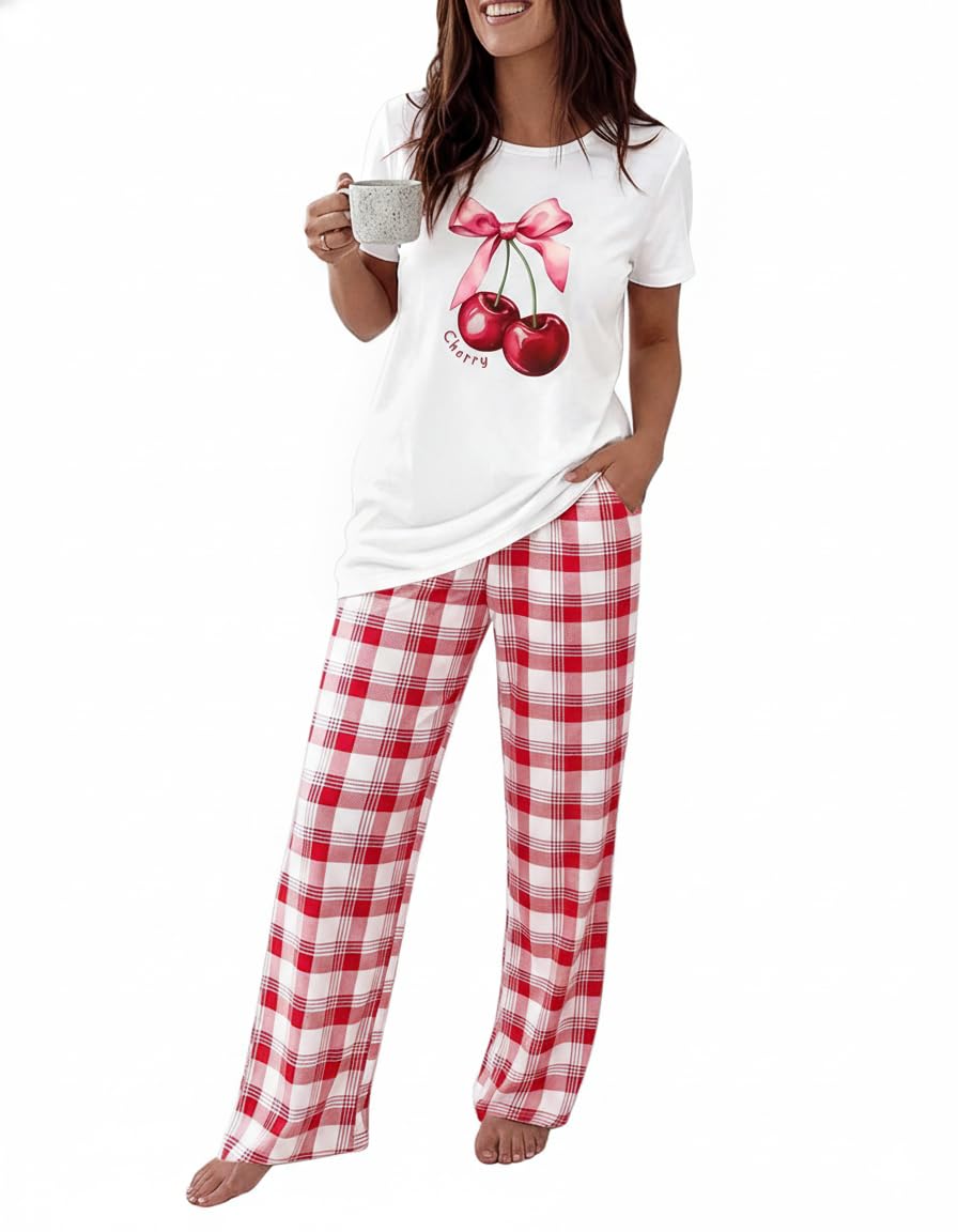 CHICME Womens Pajamas Sets 2 Piece Short Sleeve Lounge Set Printed Loose Pants Pj Sets Loungewear Set