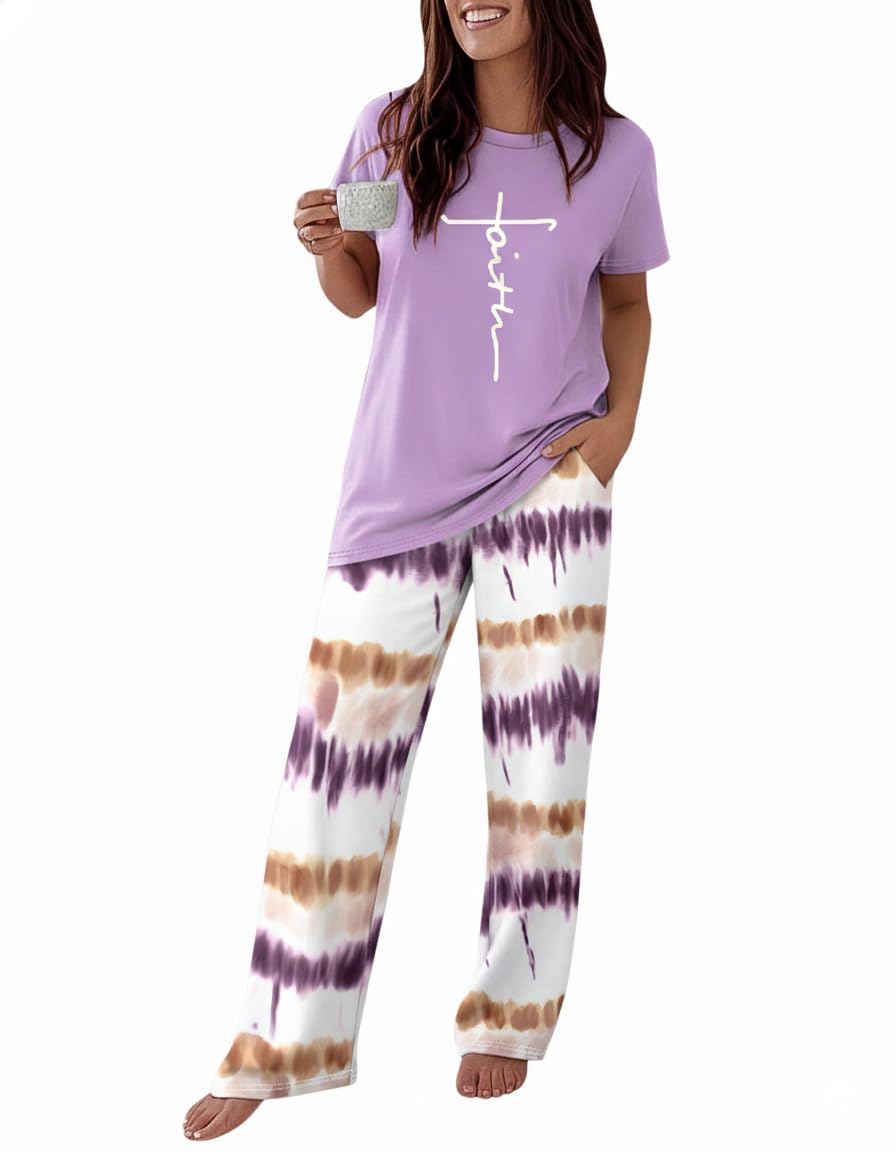 CHICME Womens Pajamas Sets 2 Piece Short Sleeve Lounge Set Printed Loose Pants Pj Sets Loungewear Set