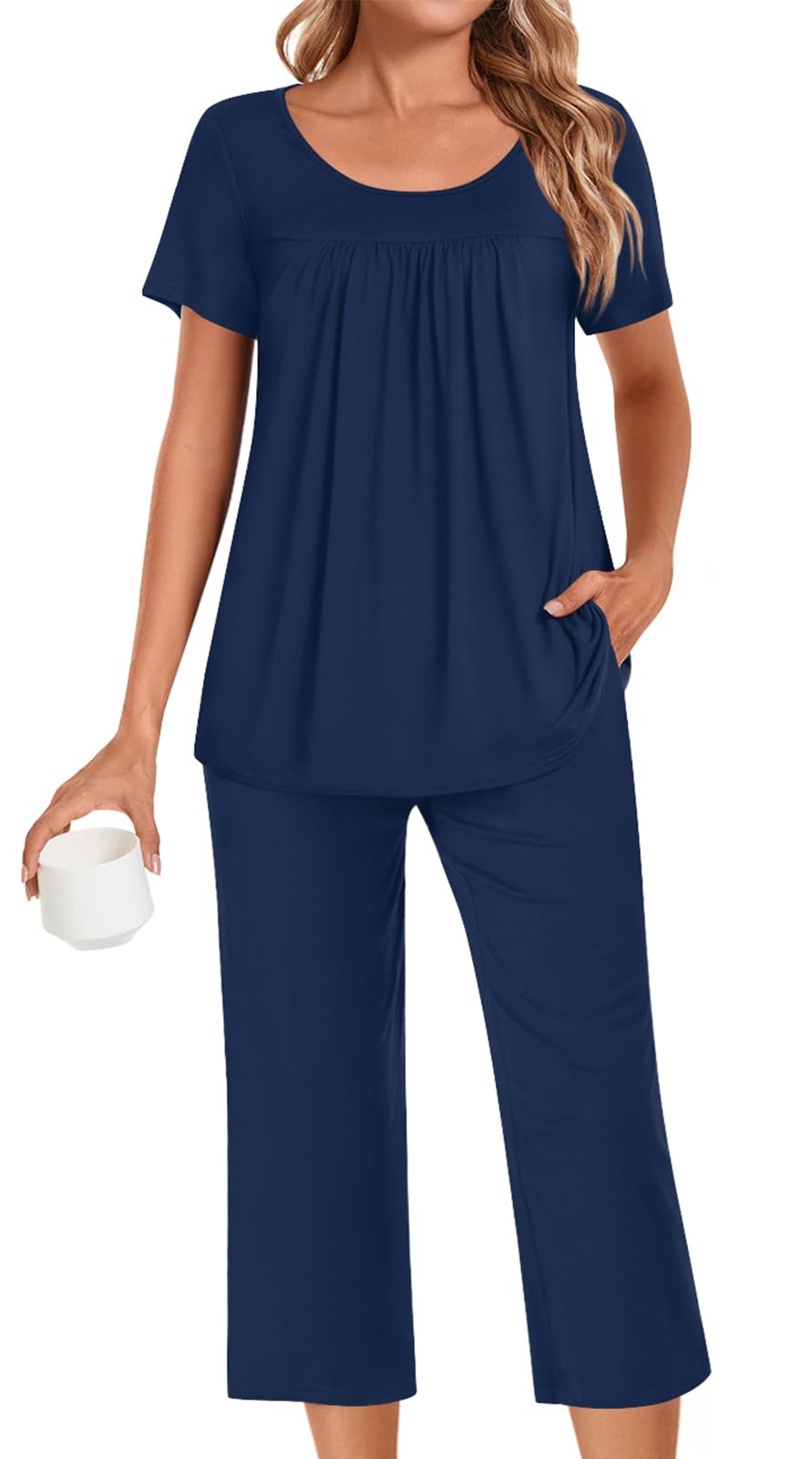 POPYOUNG Womens Pajama Sets Summer Ladies Pjs 2 Piece Loungewear Capri with Pockets Sleepwear