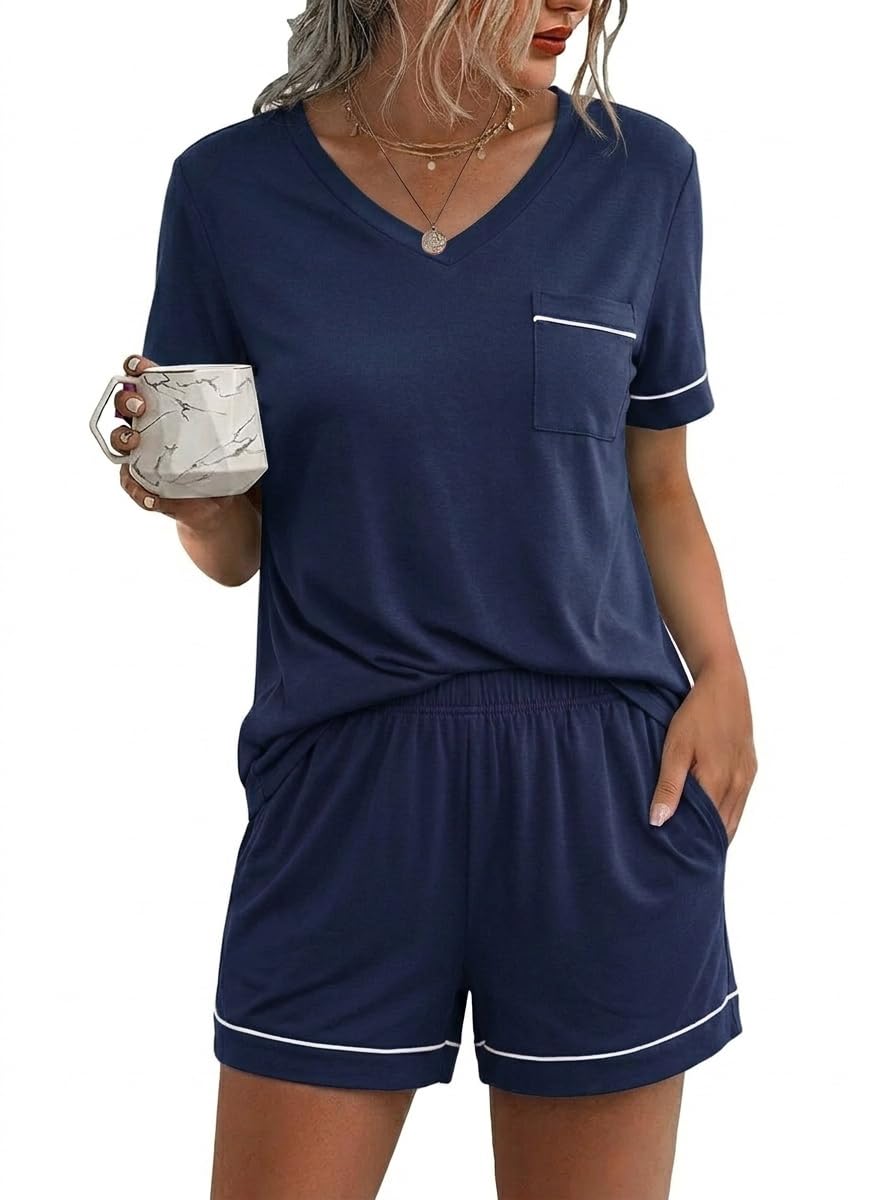 Ekouaer Pajamas for Women Set 2 Piece Short Sleeve Sleepwear Summer Tops and Shorts Pjs Lounge Set S-XXL