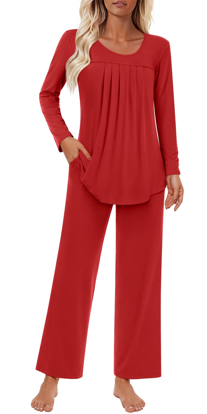 Findsweet Women's Pajama Set 2 Piece Lounge Outfits Soft Sleepwear Fall Long Sleeve Long Pant With Pockets Ladies Pjs S-3XL