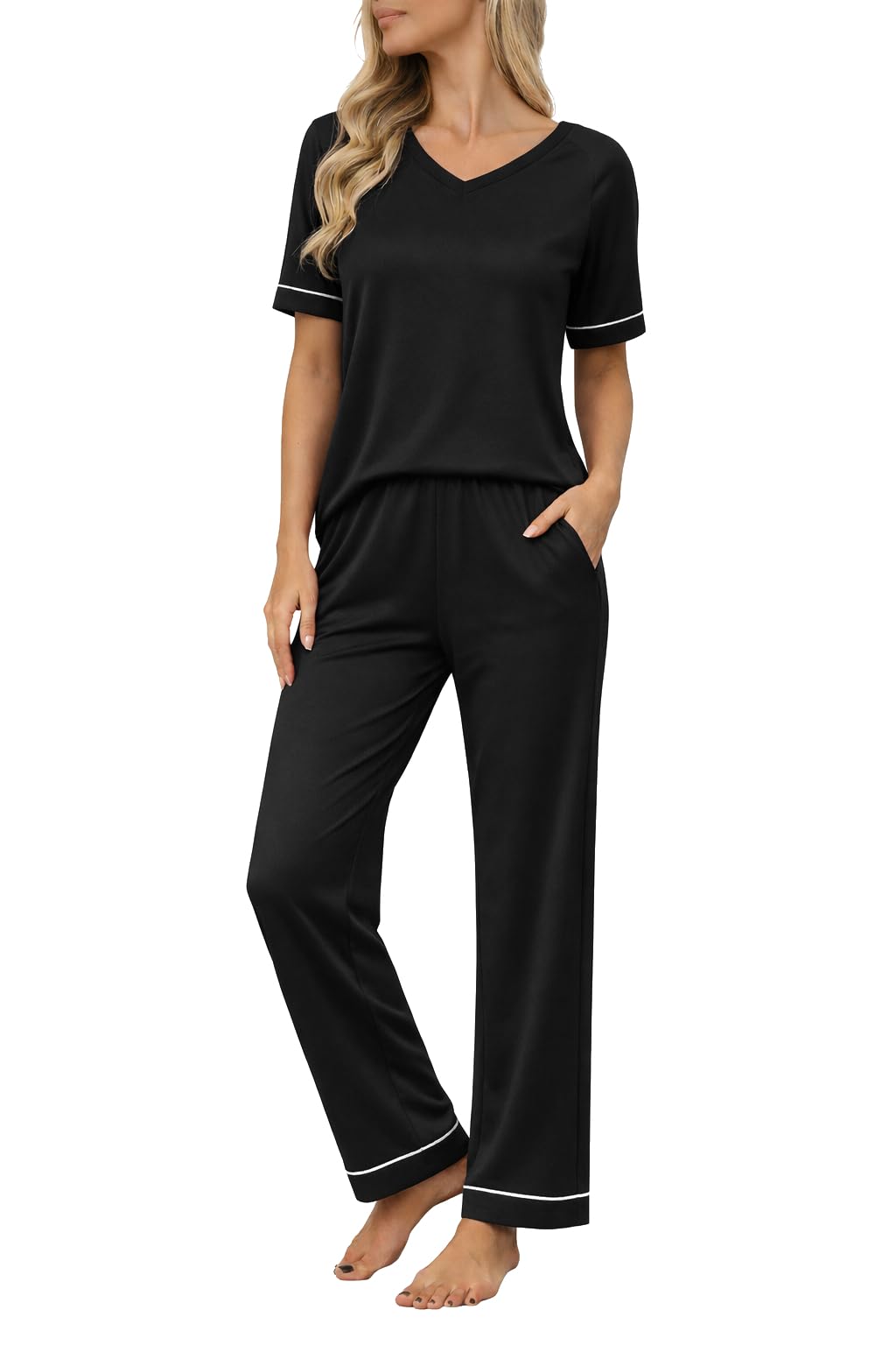 Ekouaer Womens Pajama Set Short Sleeve Pajamas Top and Pants V Neck Pjs Set Soft Loungewear with Pockets