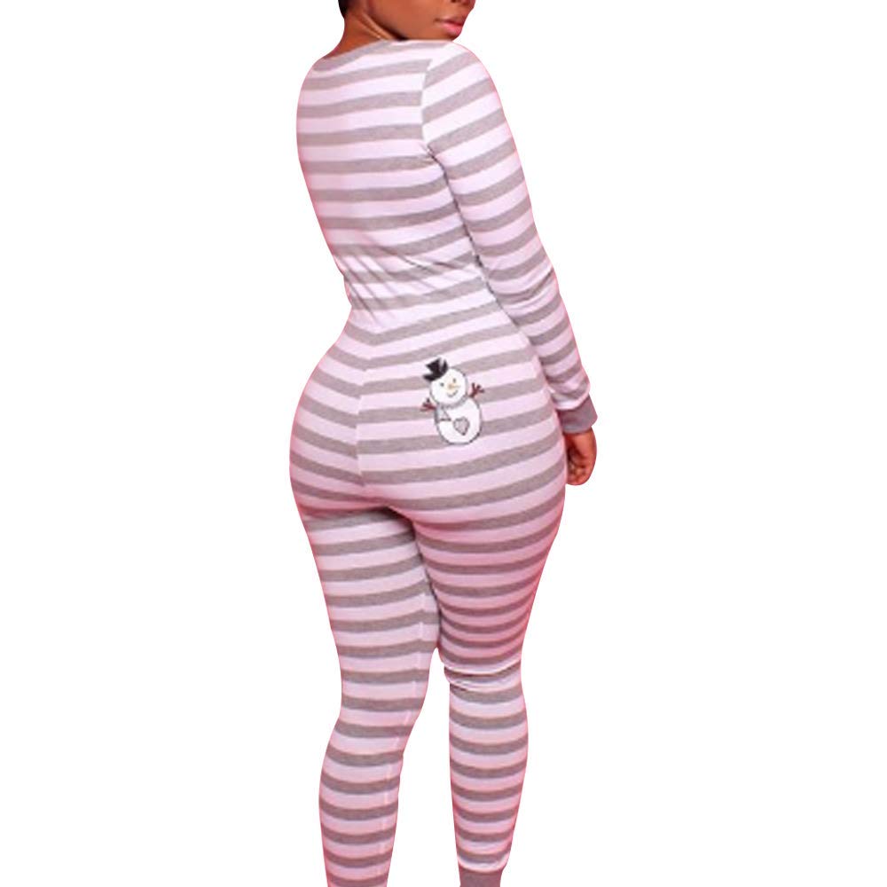 Women Christmas Long Sleeve Stripe Heart One Piece Pajamas Bodycon Jumpsuit Button Neck Sleepwear WEBE CLOTHING