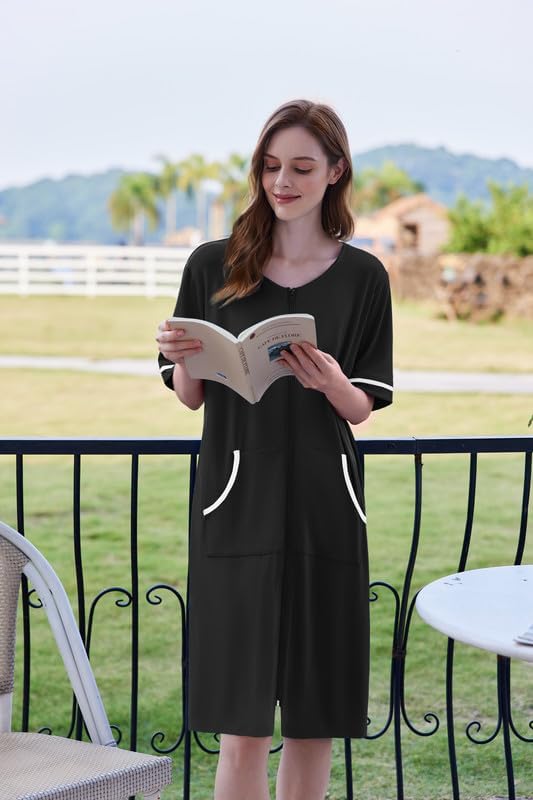 Ekouaer Zip Up Robes for Women Short Zipper Front House Coats with Pockets | Short Sleeve, Soft Duster Housecoat, Ladies Robes Stretchy, Zip Front Nightgown, Lounger Robe WEBE CLOTHING