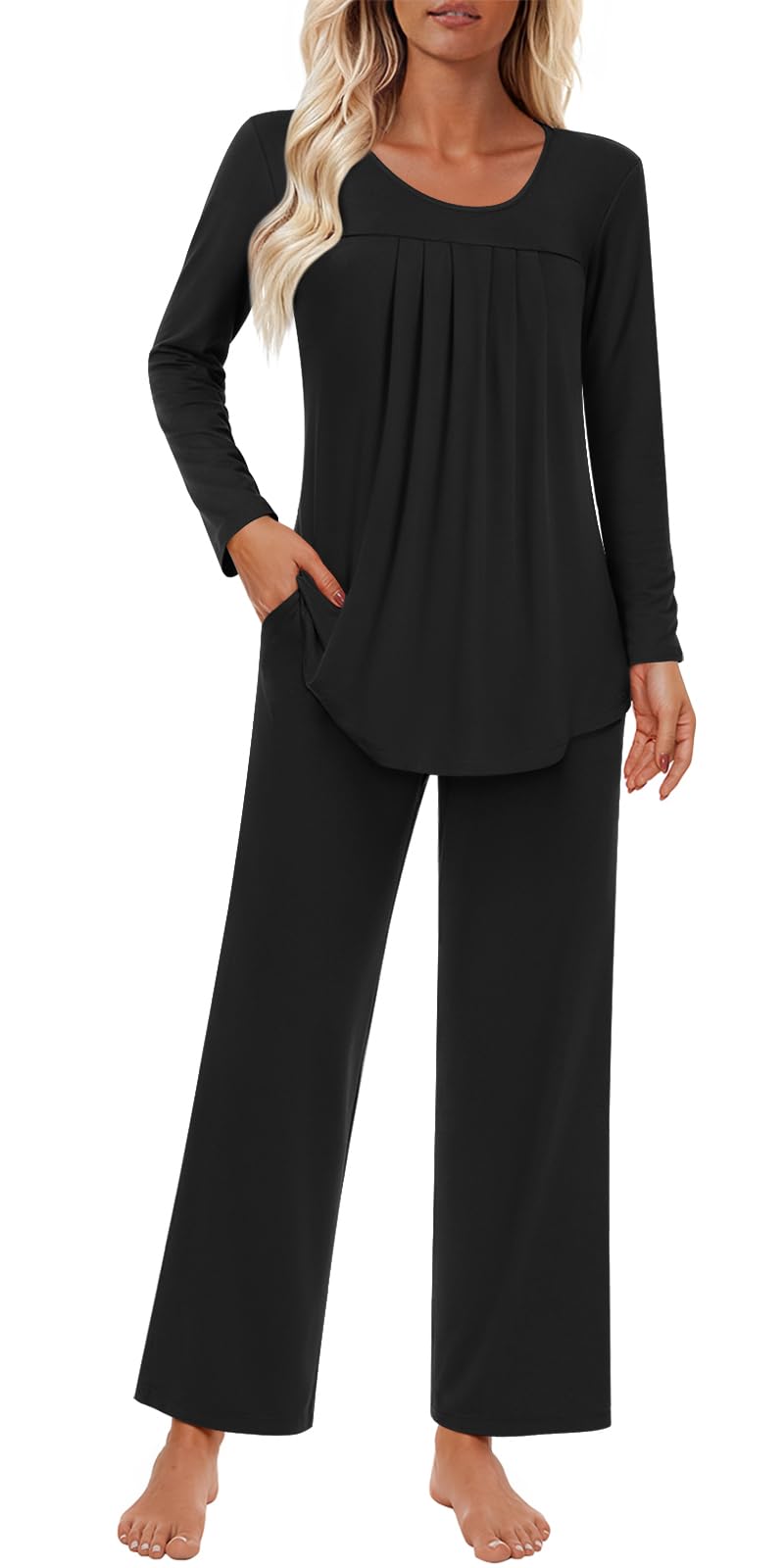 Findsweet Women's Pajama Set 2 Piece Lounge Outfits Soft Sleepwear Fall Long Sleeve Long Pant With Pockets Ladies Pjs S-3XL