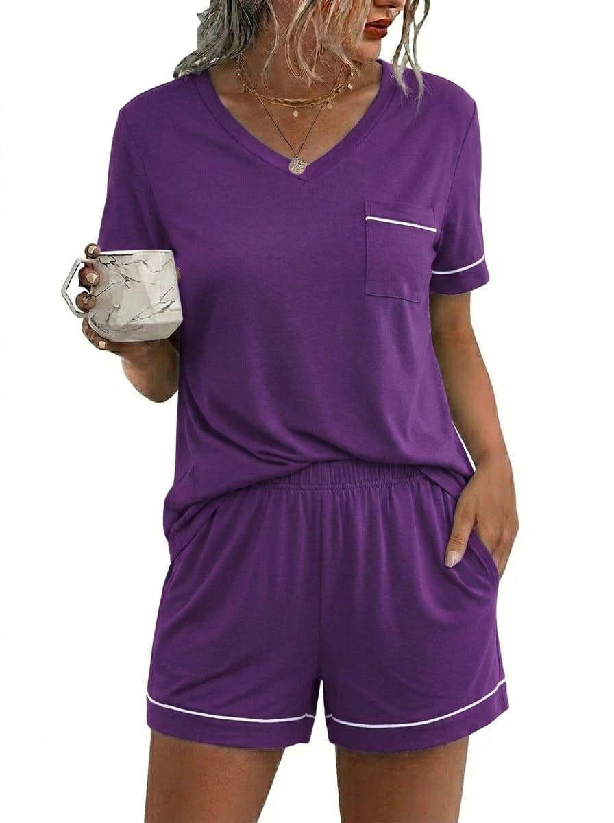 Ekouaer Pajamas for Women Set 2 Piece Short Sleeve Sleepwear Summer Tops and Shorts Pjs Lounge Set S-XXL