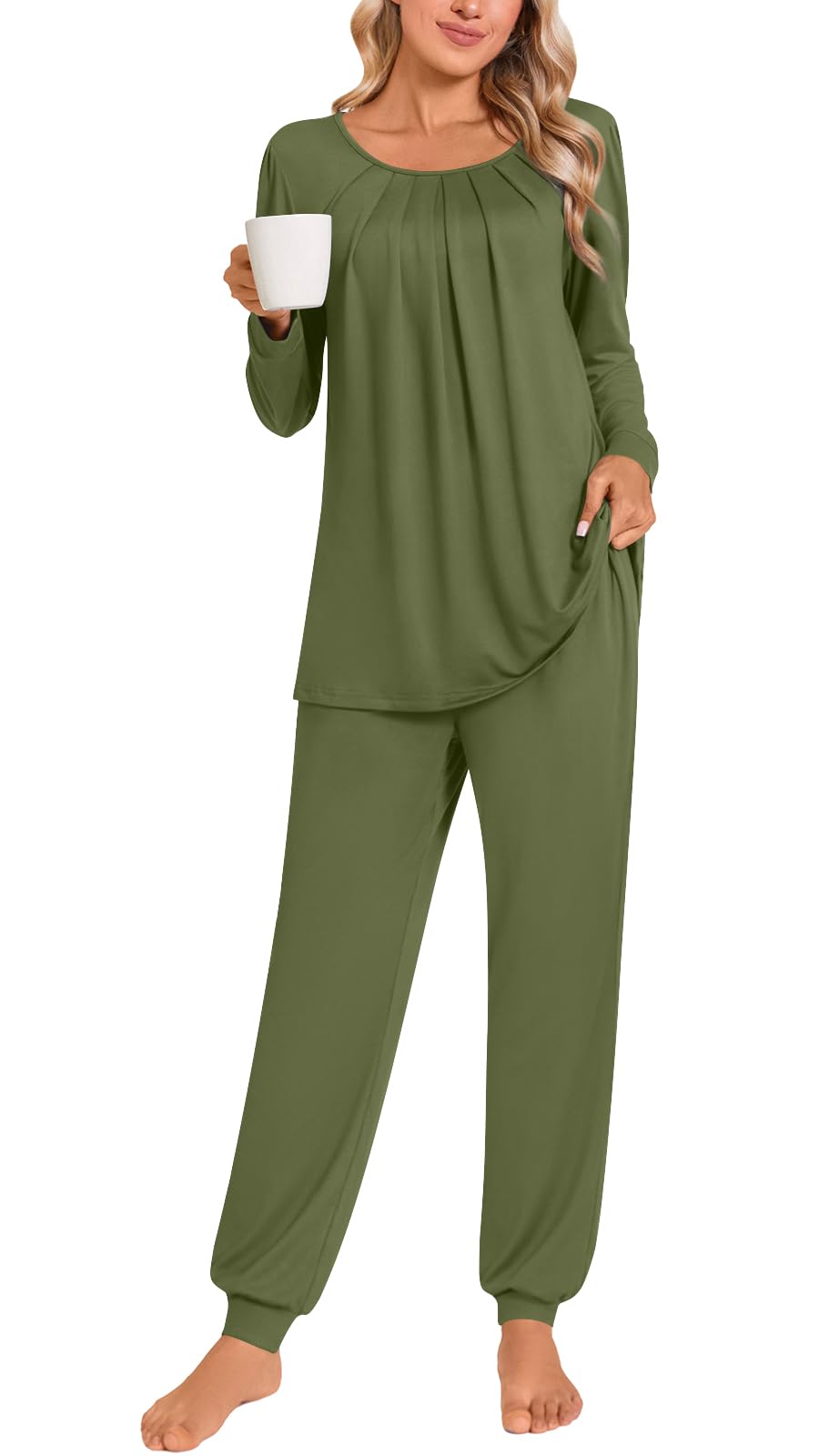 Anymeet Womens Pajama Sets Fall Winter Long Sleeve 2 Piece Sleepwear Soft Lounge Outfits with Pockets