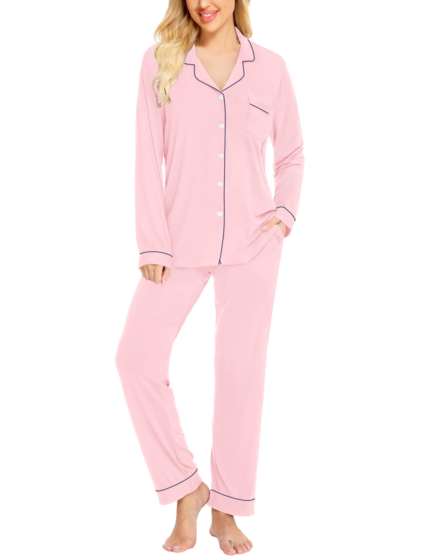 SWOMOG Womens Pajamas Set Long Sleeve Sleepwear Button Down Nightwear Soft Cotton Pj Lounge Sets