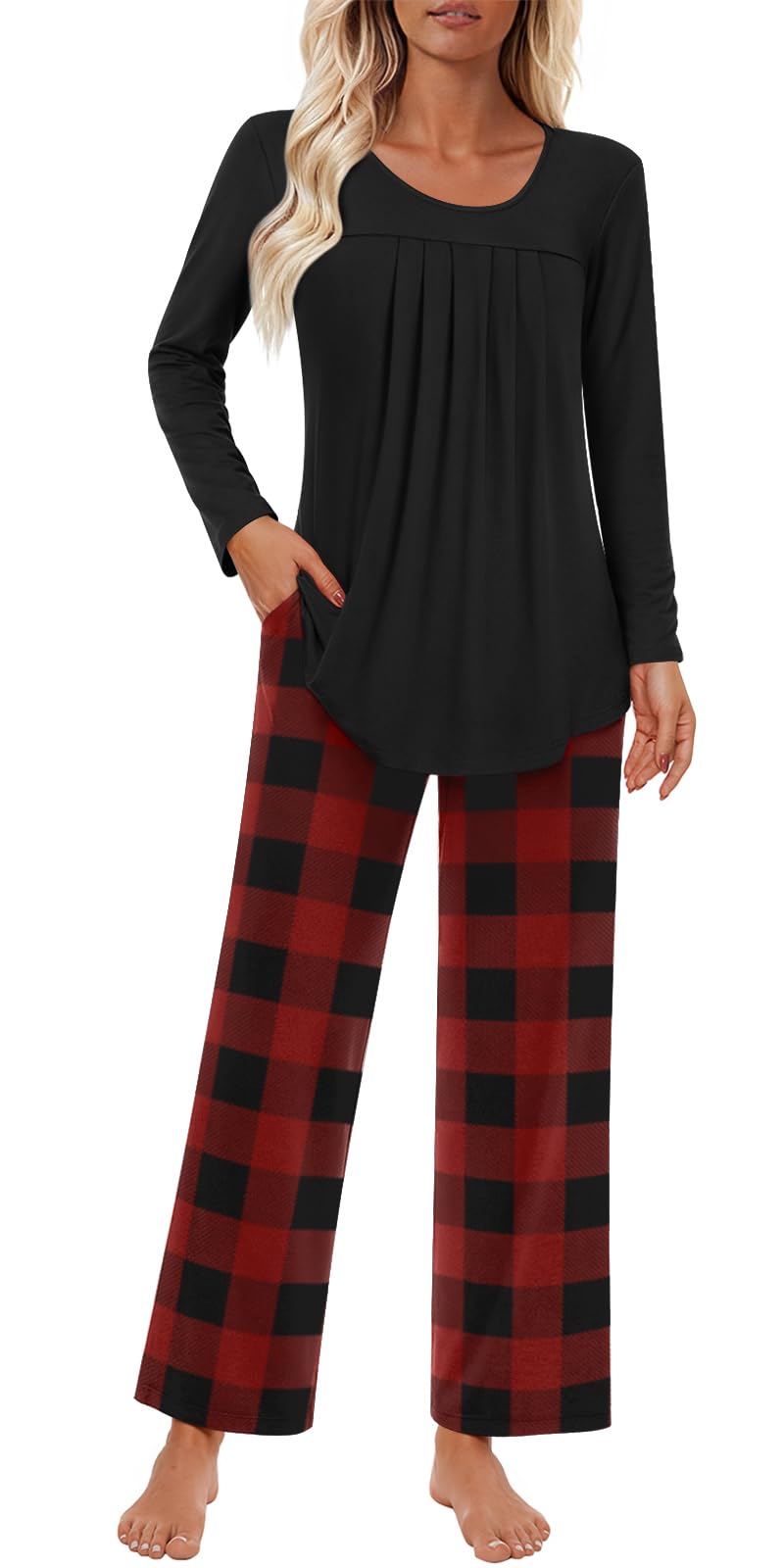 Findsweet Women's Pajama Set 2 Piece Lounge Outfits Soft Sleepwear Fall Long Sleeve Long Pant With Pockets Ladies Pjs S-3XL
