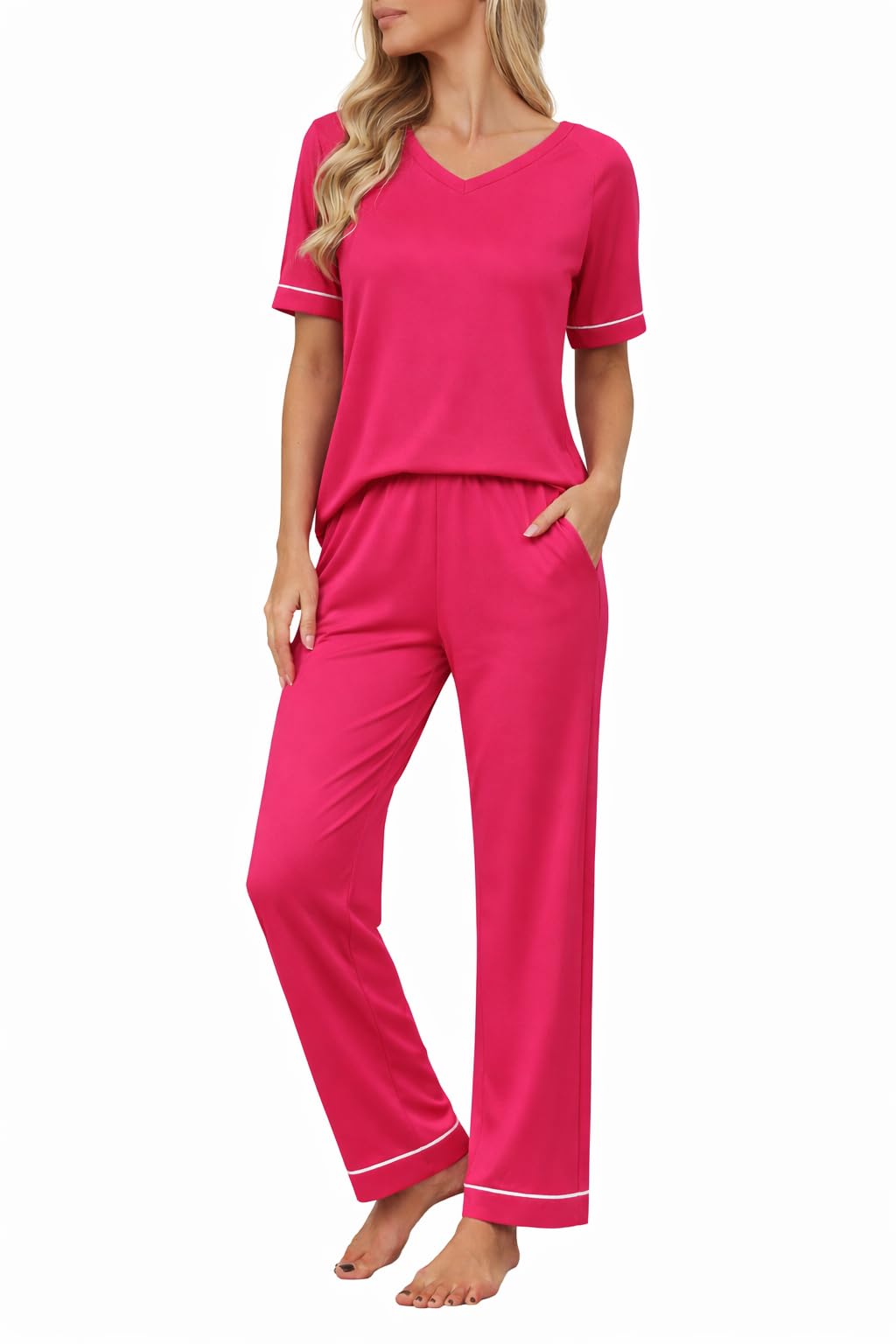Ekouaer Womens Pajama Set Short Sleeve Pajamas Top and Pants V Neck Pjs Set Soft Loungewear with Pockets