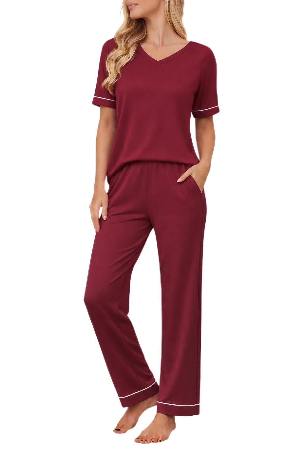 Ekouaer Womens Pajama Set Short Sleeve Pajamas Top and Pants V Neck Pjs Set Soft Loungewear with Pockets