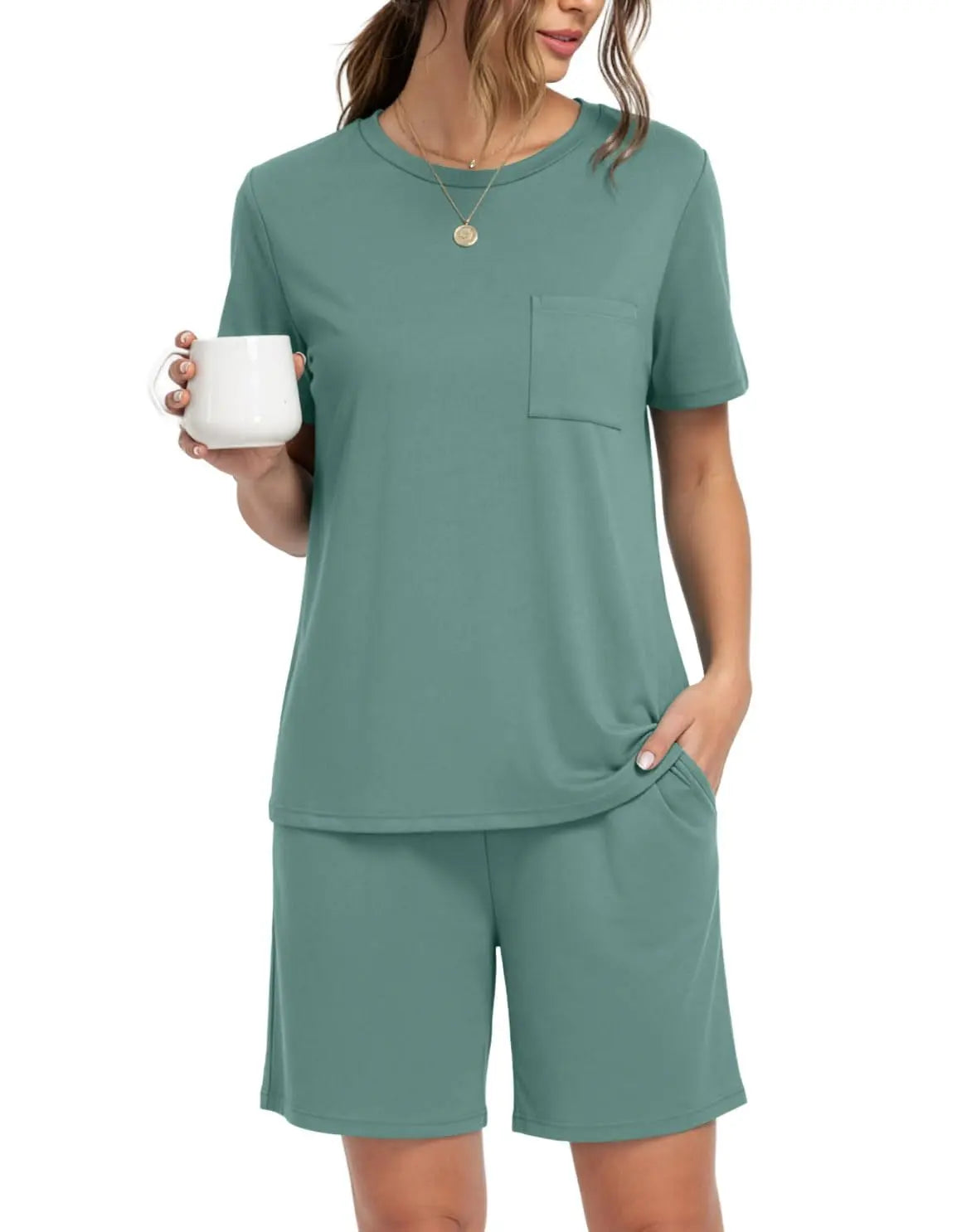 PrinStory Mens Pajama Sets Summer Pjs Sleepwear Nightwear Lightweight Quick Dry Soft Short Sleeve Sleep Set With Pocket S-4XL