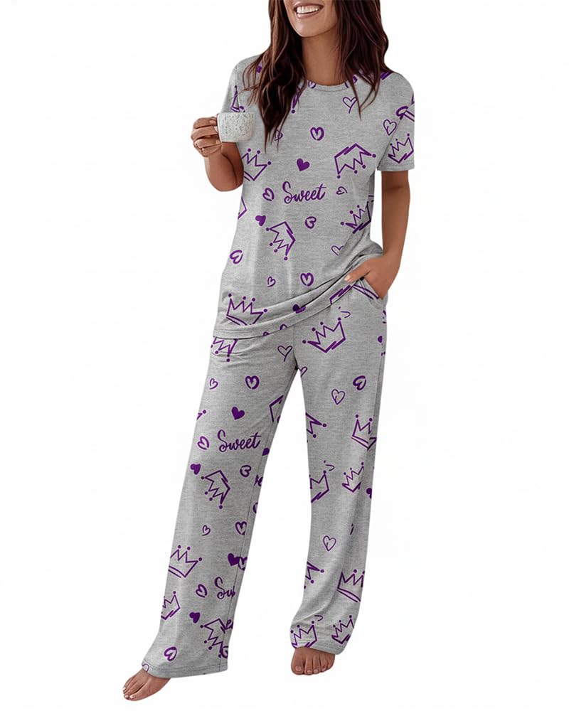 CHICME Womens Pajamas Sets 2 Piece Short Sleeve Lounge Set Printed Loose Pants Pj Sets Loungewear Set