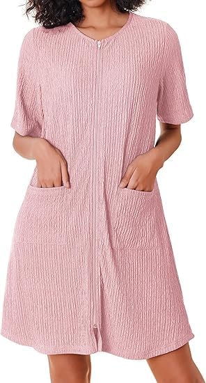 Ekouaer Women Zipper Robes Knit Short Bathrobe Lightweight House Coat with Pockets Soft Nightgown WEBE CLOTHING
