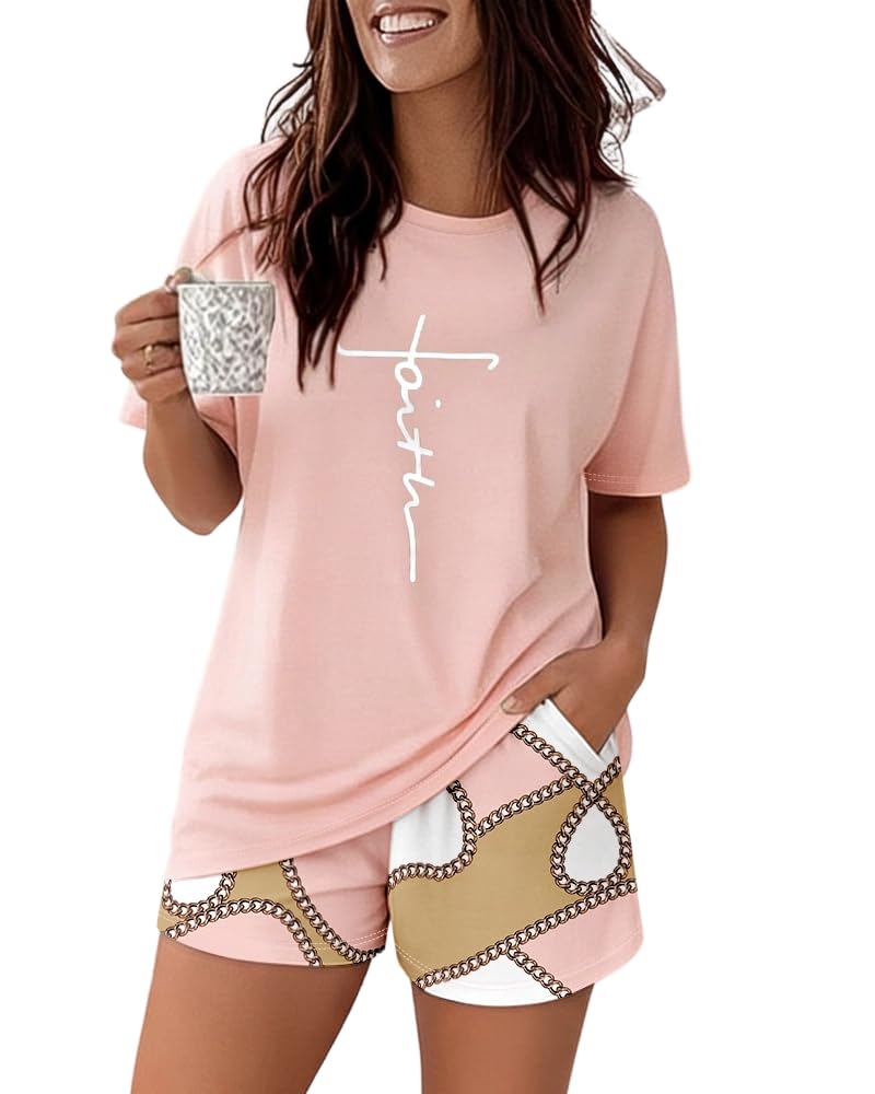 CHICME Pajamas Set for Women 2 Piece Pjs Lounge Set Soft Short Sleeve Tops and Sleep Shorts with Pocket