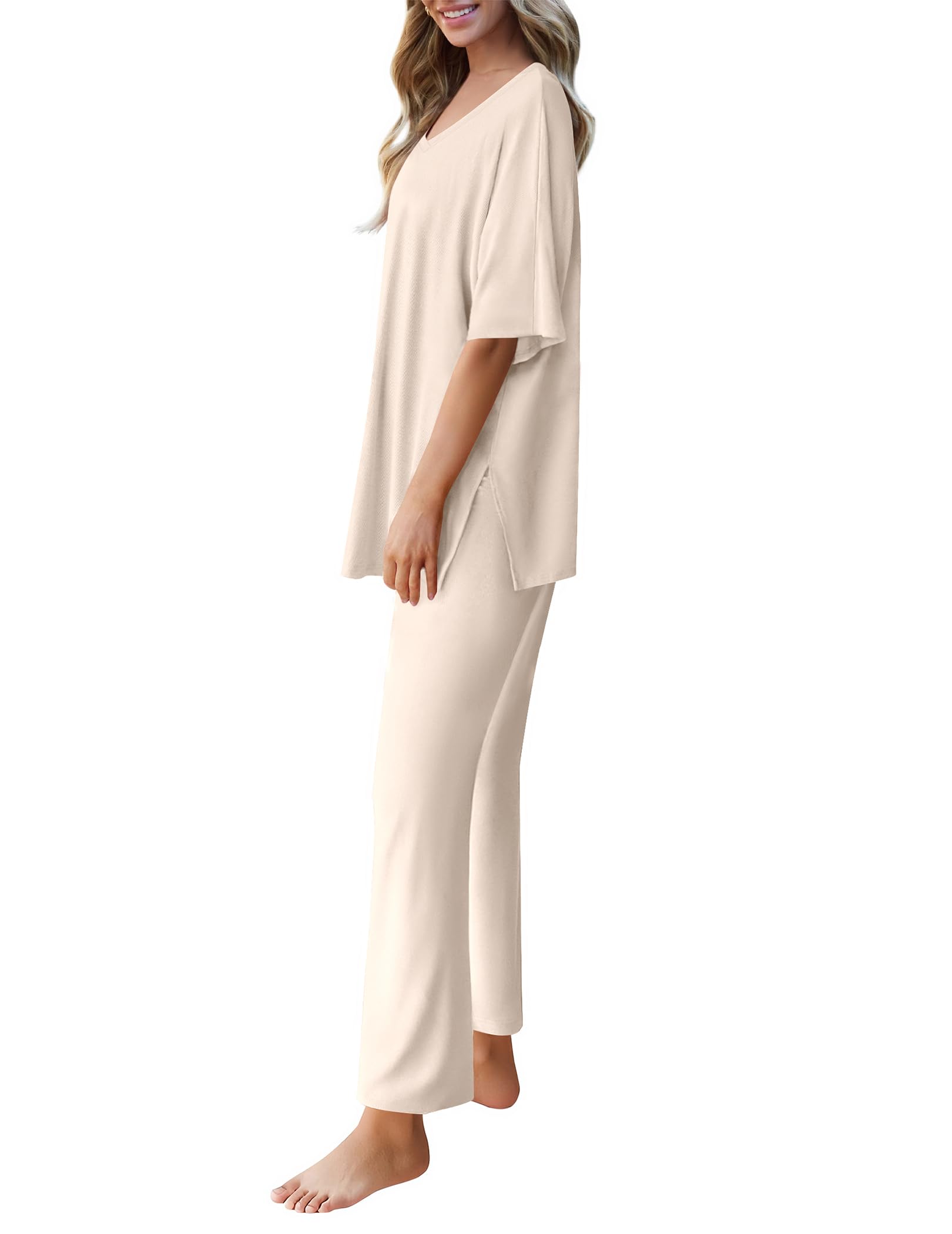 Ekouaer Lounge Sets for Women Short Sleeve Tops and Long Pants Pajamas Set | Comfy V Neck Top and Loose Fit Pants, Fashion Oversized style, ideal for Home relaxation, Daily Wear & Maternity WEBE CLOTHING