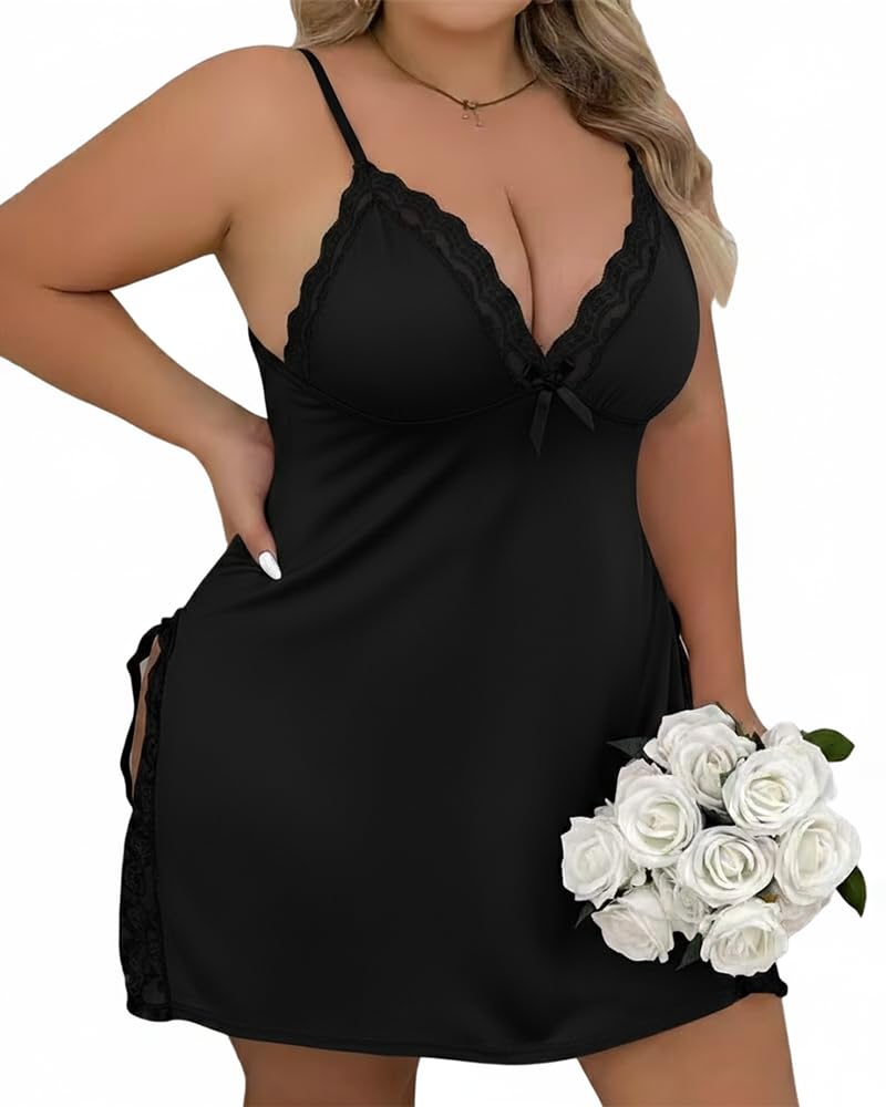 CHICME Women's Lace Trim Side Slit Modal Cami Sleep Dress Loungewear Cute Night Gowns for Women WEBE CLOTHING