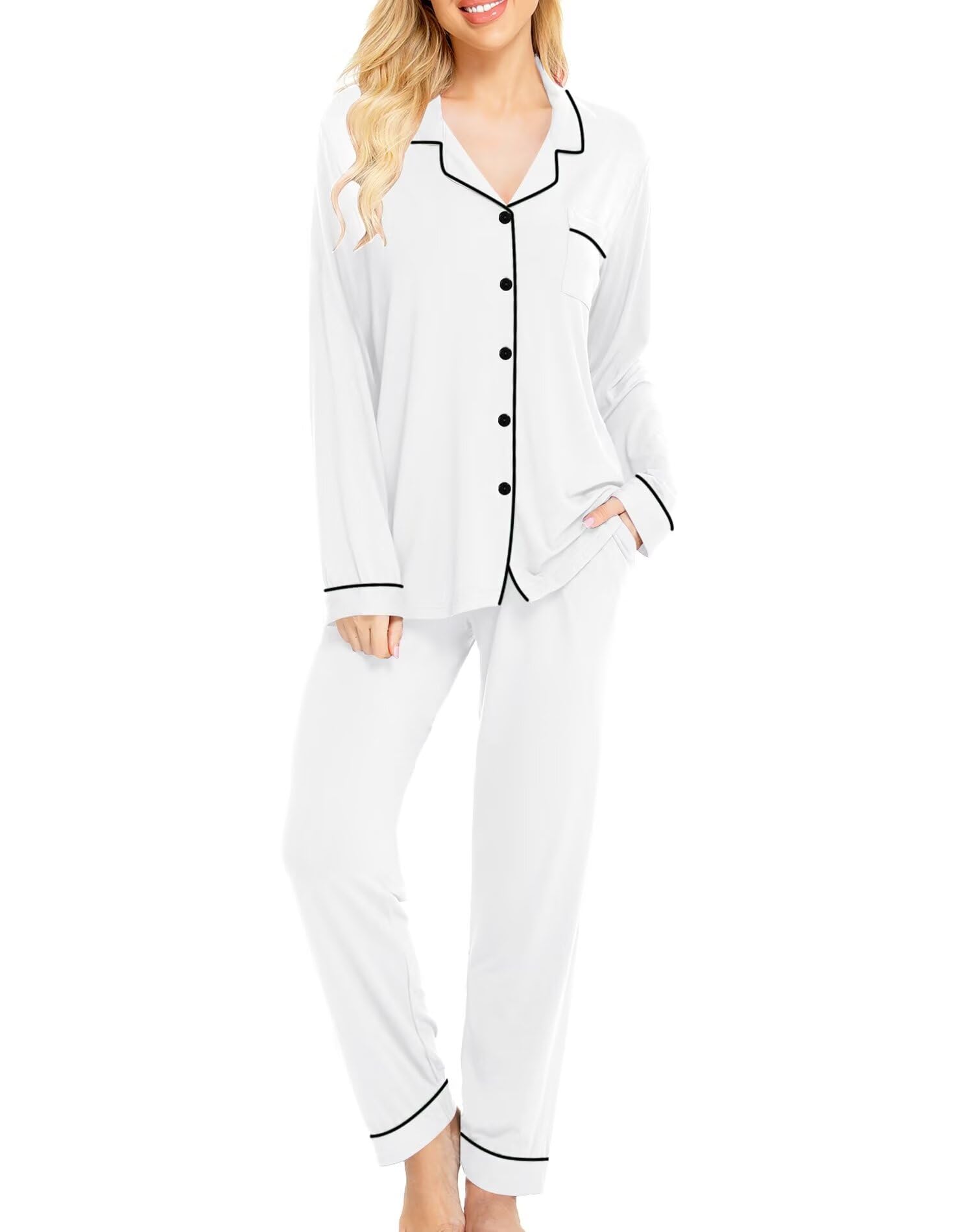 SWOMOG Womens Pajamas Set Long Sleeve Sleepwear Button Down Nightwear Soft Cotton Pj Lounge Sets