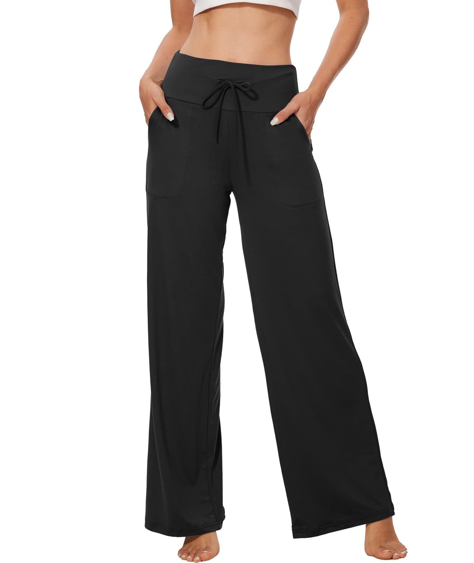 ZOOSIXX Soft Black Pajama Pants for Women, Wide Leg Pants Woman Flowy Comfy Casual Lounge Yoga Capri Pants 22”/ 30”