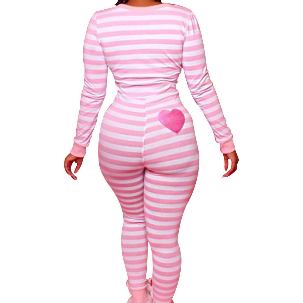 Women Christmas Long Sleeve Stripe Heart One Piece Pajamas Bodycon Jumpsuit Button Neck Sleepwear WEBE CLOTHING