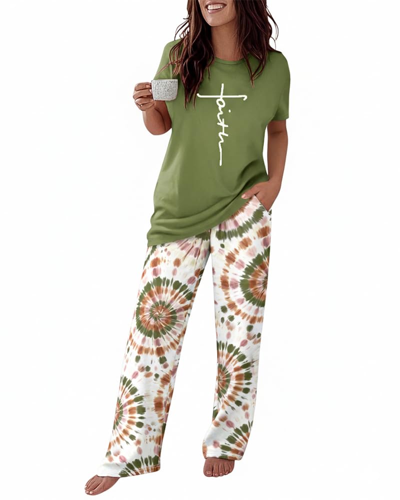 CHICME Womens Pajamas Sets 2 Piece Short Sleeve Lounge Set Printed Loose Pants Pj Sets Loungewear Set