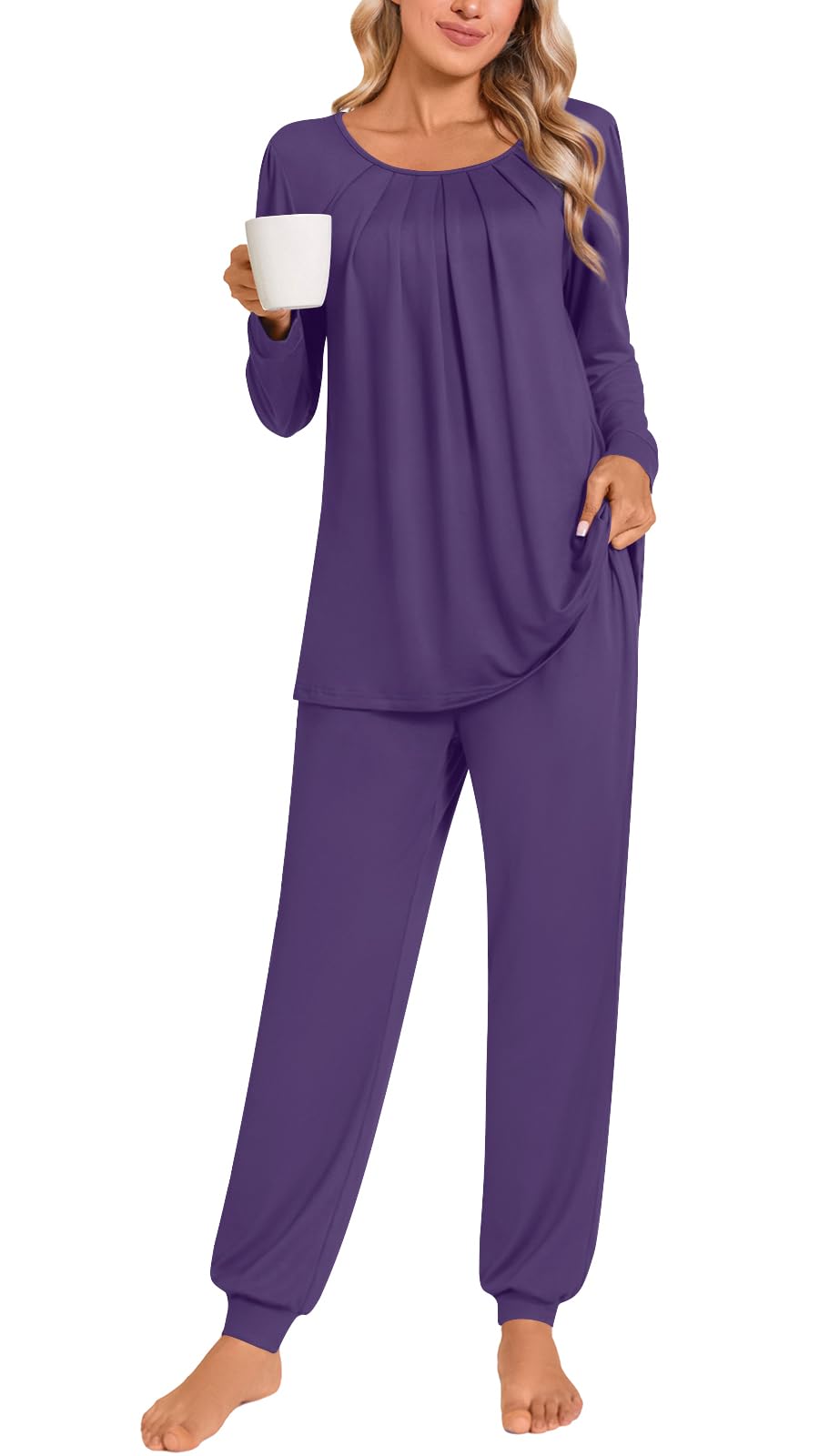 Anymeet Womens Pajama Sets Fall Winter Long Sleeve 2 Piece Sleepwear Soft Lounge Outfits with Pockets