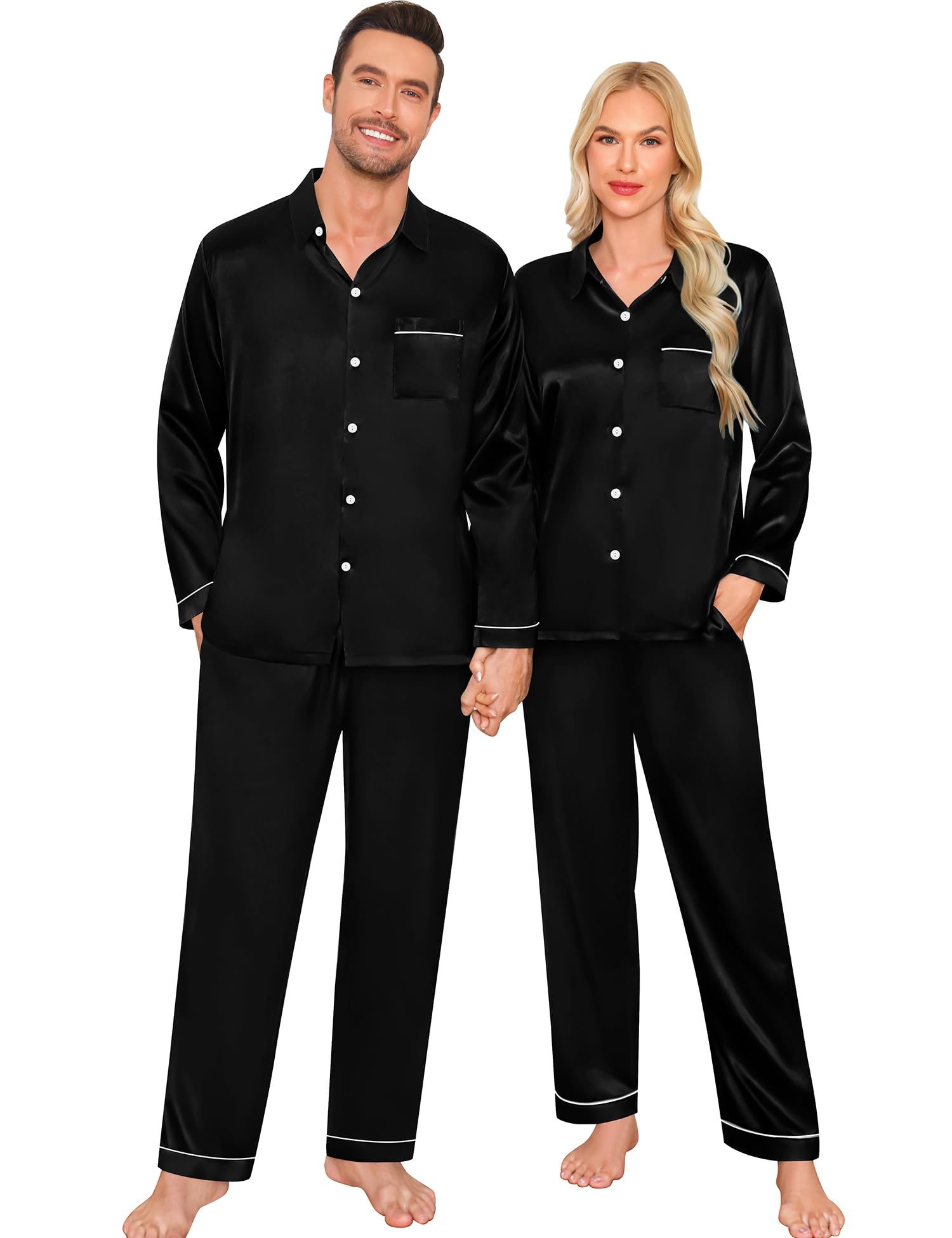 SWOMOG Family Matching Pajama Set Women/Men/Kids Satin Pajamas Long Sleeve Sleepwear Button Down Loungewear 2 Pcs Pj Set