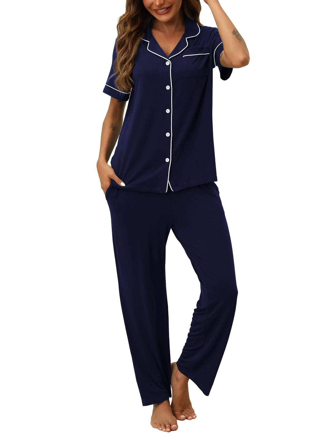 HNG Women Pajamas Set 2 Piece Button Up Pajamas Pant and Short Sleeve Shirt for Woman Pj Sets with Pocket