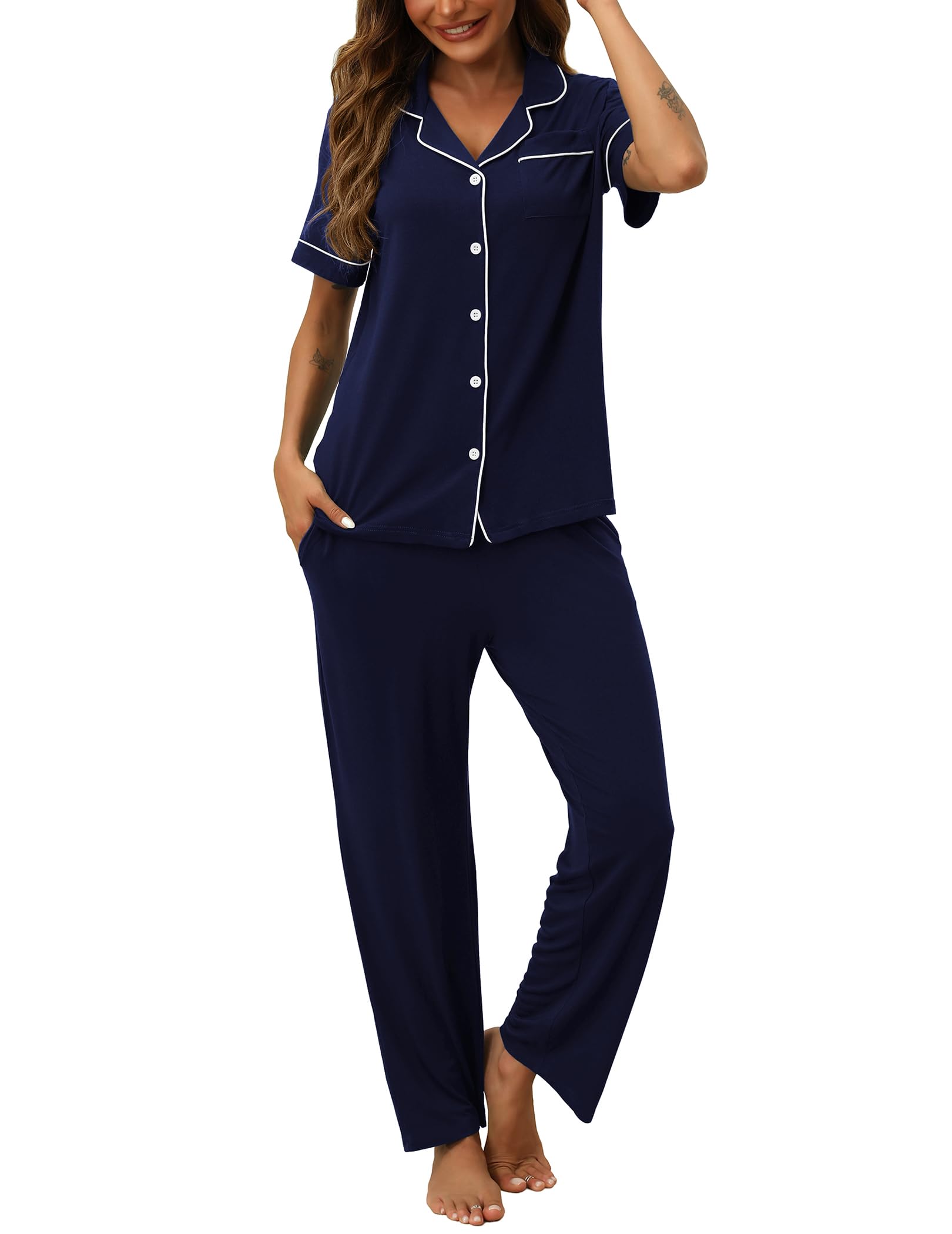 HNG Women Pajamas Set 2 Piece Button Up Pajamas Pant and Short Sleeve Shirt for Woman Pj Sets with Pocket