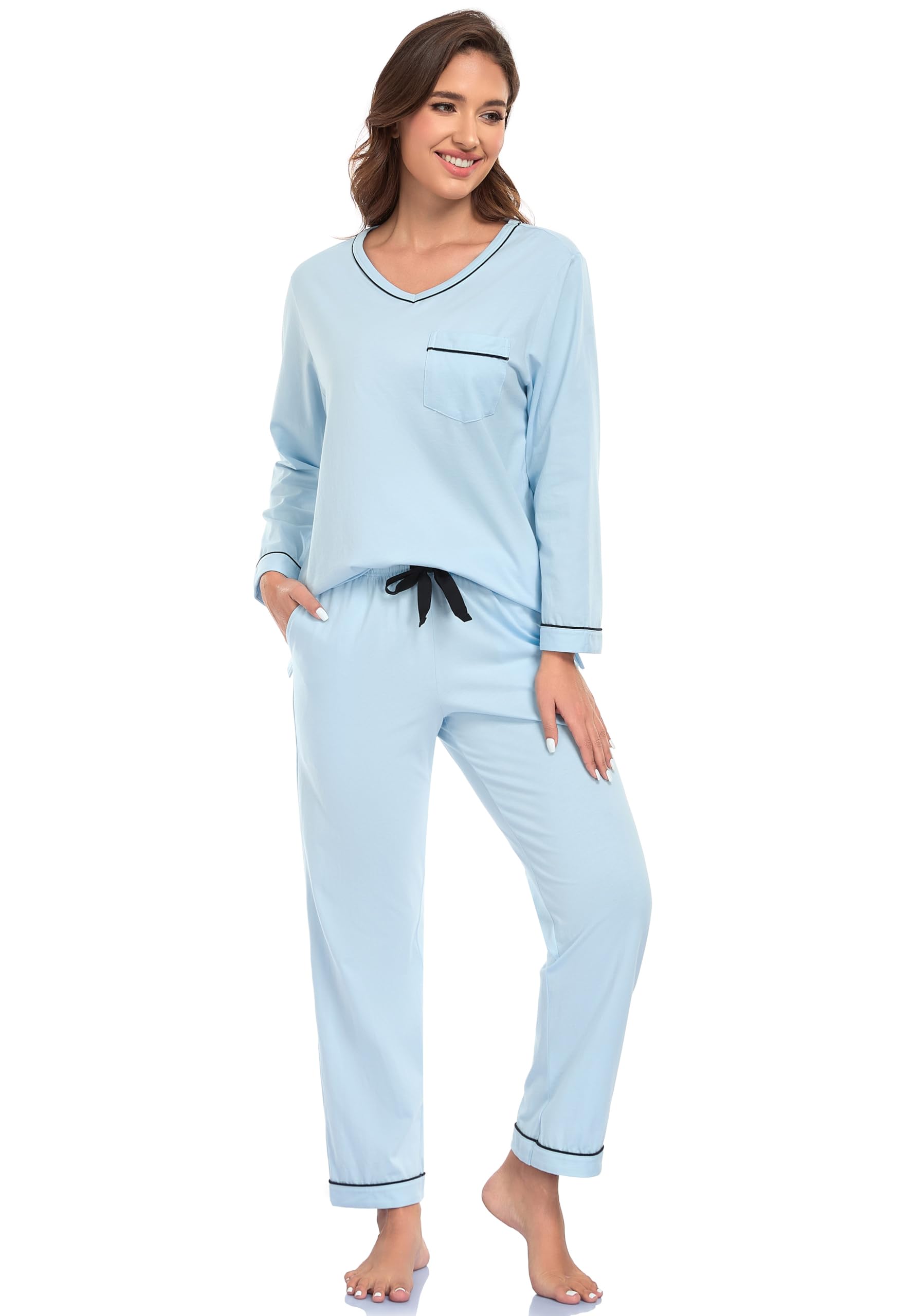 EA'S SECRET 100% cotton Pajamas for Women Summer Lightweight Long Sleeve Pjs 2 Piece Soft Lounge Sleepwear with pocket