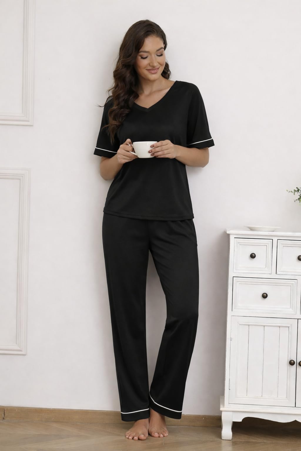 Ekouaer Womens Pajama Set Short Sleeve Pajamas Top and Pants V Neck Pjs Set Soft Loungewear with Pockets