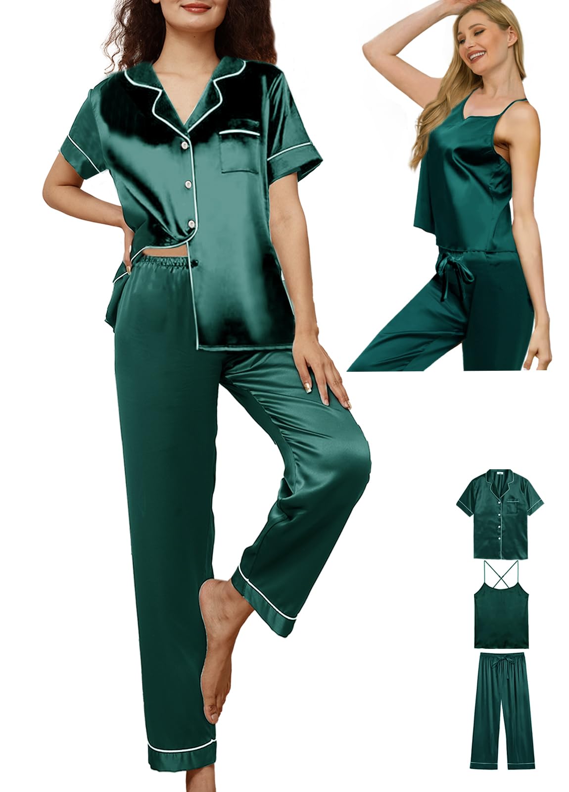 3Pcs Womens Satin Pajamas Set Silk Pj Sets Sexy Camisole Tops And Pants Silky Pajama XS-4XL Pjs Sleepwear WEBE CLOTHING