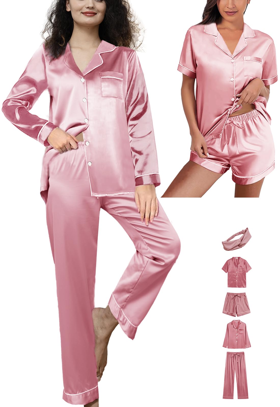 5Pcs Womens Satin Pajamas Set Silk Pajama Pjs XS-2XL Silky Pj Sets Button Down Sleepwear Nightwear Loungewear