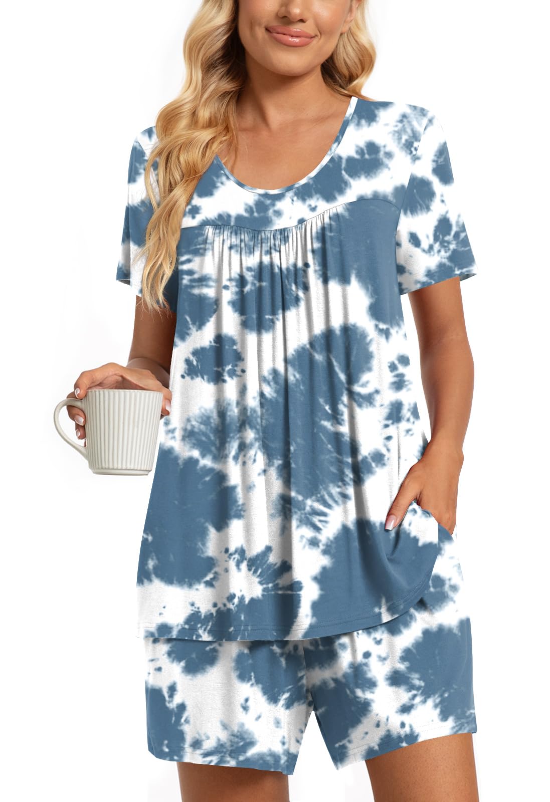 TAOHUADAO 2 Piece Women's Short Sleeve Pajama Sets, Lounge Sleepwear Ladies Pjs Sets with Pockets